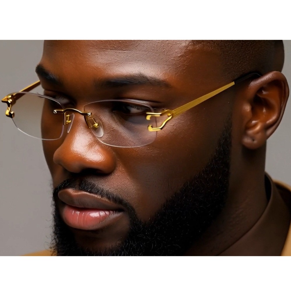 Rimless Sunglasses‎ Gold Frame Rectangle Lens Fashion Eyewear Men